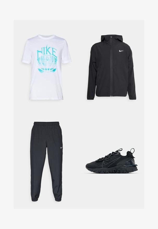 Svart Nike-jakke med hette, full frontglidelås og en subtil hvit logo på venstre bryst. Glatt tekstur og lett design.; Hvit kortermet T-skjorte laget av myk stoff, med en turkise Nike-logo og basketballgrafikk trykt på forsiden.; Svarte joggebukser laget av lett stoff med elastisk midje, ankelmanchetter og en diskret Nike-logo på venstre side.; Svart treningssko med et pustende nettobert overdel, teksturerte detaljer og en bølget gummisåle. Har reflekterende logo og snøresystem.
