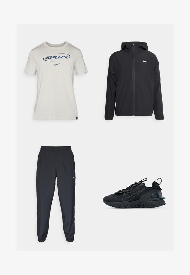 Svart Nike-jakke med hette, full frontglidelås og en subtil hvit logo på venstre bryst. Glatt tekstur og lett design.; Lys grå bomulls T-skjorte med korte ermer, med en blå "SPURS" logo og Nike swoosh. Enkel rund halslinje og etikett ved hem.; Svarte joggebukser laget av lett stoff med elastisk midje, ankelmanchetter og en diskret Nike-logo på venstre side.; Svart treningssko med et pustende nettobert overdel, teksturerte detaljer og en bølget gummisåle. Har reflekterende logo og snøresystem.