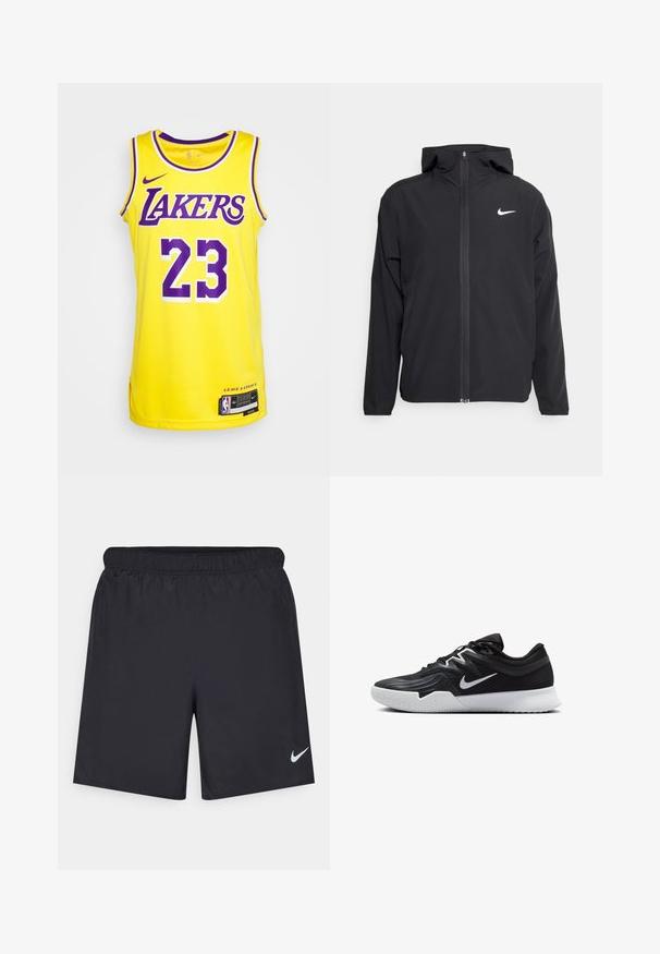 Črna Nike jakna z oblogo, polnim zadrgo in diskretnim belim logotipom na levi strani prsnega koša. Gladka tekstura in lahka zasnova.; Rumena Nike majica z vijoličastimi poudarki, s potiskom "LAKERS" in številko "23" v krepkem fontu. Stranski rehki in oznaka na robu.; Črne atletske kratke hlače iz lahkotnega materiala z elastičnim pasom. Imajo majhen bel Nike logo na spodnji levi strani.; Črne atletske čevlje z teksturirano zgornjico, belim Nike znakom in belim gumijastim zunanjim podplatom. Imajo vezalni dizajn in dinamično obliko.