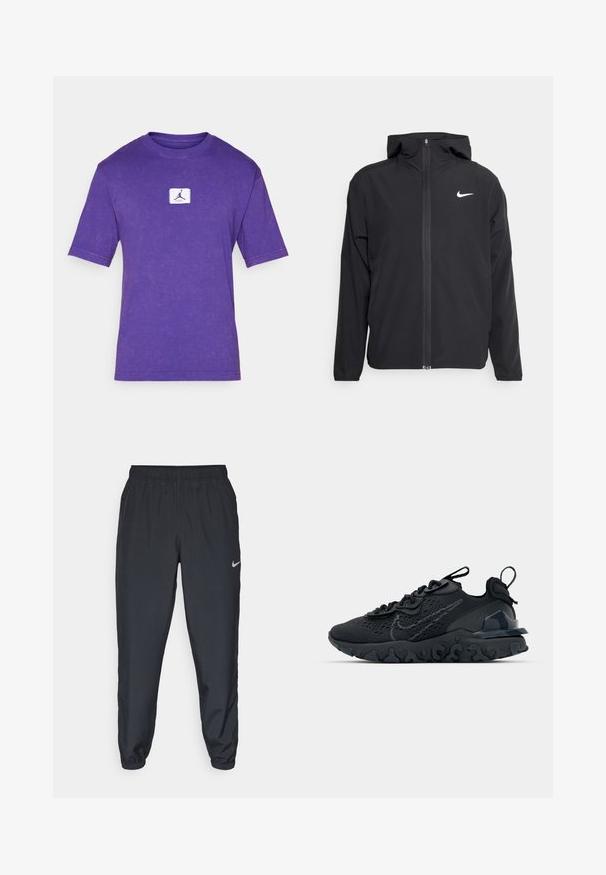 Melna Nike jakna ar kapuci, pilnu priekšējo rāvējslēdzēju un smalku baltu logotipu kreisajā krūtī. Gluda tekstūra un viegla konstrukcija.; Violets kokvilnas t-krekls ar apaļu kaklu, īsām piedurknēm un teksturētu apdari. Priekšā ir neliela balta logotipa uzlīme.; Melnas sporta bikses, izgatavotas no viegla auduma, ar elastīgu jostasvietu, potīšu malām un diskretu Nike logo kreisajā pusē.; Melnas sporta kurpes ar elpojošu sieta augšdaļu, teksturētām akcentiem un viļņotu gumijas zoli. Iekļauj atstarojošu logotipu un šņorēšanas sistēmu.