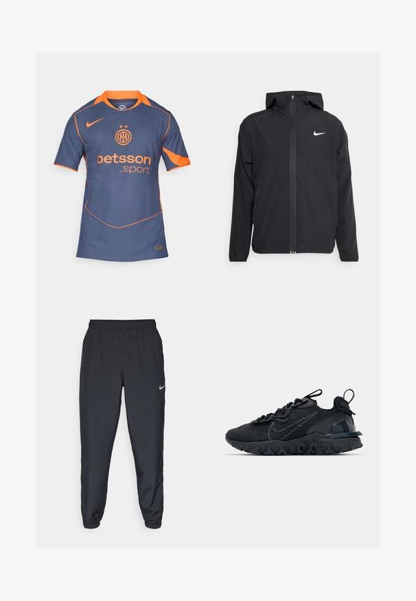 Čierna bunda Nike so kapucňou, plným predným zipsom a diskrétnym bielym logom na ľavom prsníku. Hladká textúra a ľahká konštrukcia.; Námornícky modrý športový dres s oranžovými akcentami. Obsahuje vertikálne pruhy, okrúhly výstrih a krátke rukávy. Logo a sponzor sú na viditeľnom mieste.; Čierne teplákové nohavice vyrobené z ľahkého materiálu s elastickým pásom, manžetami na členkoch a diskrétnym logom Nike na ľavej strane.; Čierna atletická topánka s priedušným sieťovaným zvrškom, textúrovanými akcentmi a vlnovou gumovou podrážkou. Obsahuje reflexné logo a systém šnurovania.