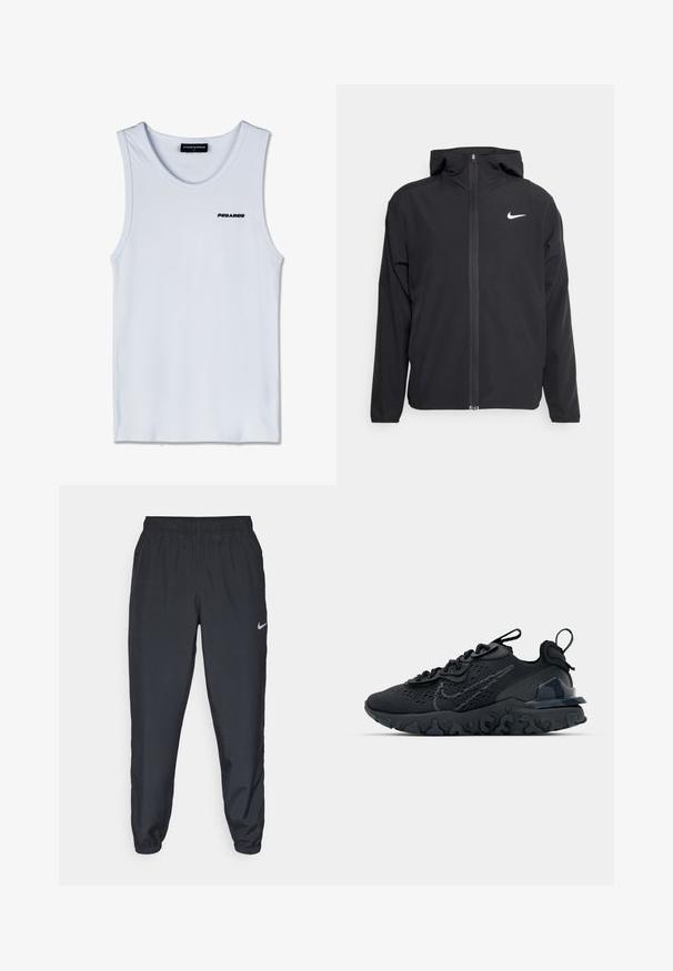 Black Nike jacket featuring a hood, full front zipper, and a subtle white logo on the left chest. Smooth texture and lightweight design.; White sleeveless tank top with black "PEGADOR" logo on the chest and a black label with "PEGADOR M" at the neckline.; Black track pants made from lightweight fabric with an elastic waistband, ankle cuffs, and a discreet Nike logo on the left side.; Black athletic shoe with a breathable mesh upper, textured accents, and a wavy rubber sole. Features reflective logo and lacing system.
