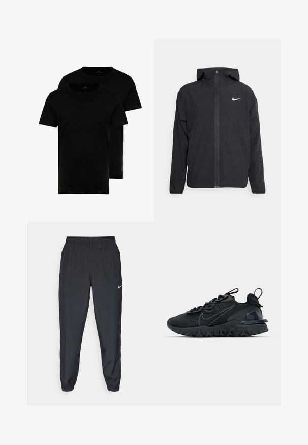 Czarna kurtka Nike z kapturem, pełnym zamkiem z przodu i subtelnym białym logo na lewej piersi. Gładka tekstura i lekka konstrukcja.; TOM TAILOR DOUBLE PACK - T-shirt basic; Czarne spodnie dresowe wykonane z lekkiego materiału, z elastycznym paskiem w talii, ściągaczami na kostkach oraz dyskretnym logo Nike po lewej stronie.; Czarne sportowe buty z przewiewną siateczką na cholewce, teksturowanymi akcentami i falistą gumową podeszwą. Zawierają odblaskowe logo oraz system sznurowania.