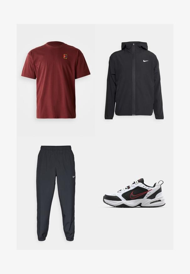 Čierna bunda Nike so kapucňou, plným predným zipsom a diskrétnym bielym logom na ľavom prsníku. Hladká textúra a ľahká konštrukcia.; Burgundská bavlnená tričko s okrúhlym výstrihom a krátkymi rukávmi. Obsahuje malé, viacfarebné logo na ľavej časti hrude.; Čierne teplákové nohavice vyrobené z ľahkého materiálu s elastickým pásom, manžetami na členkoch a diskrétnym logom Nike na ľavej strane.; Biele a čierne športové topánky s červenými akcentmi, sieťovinou a syntetickým materiálom, zaoblená špička, hrubá podrážka a výrazné logo na boku.