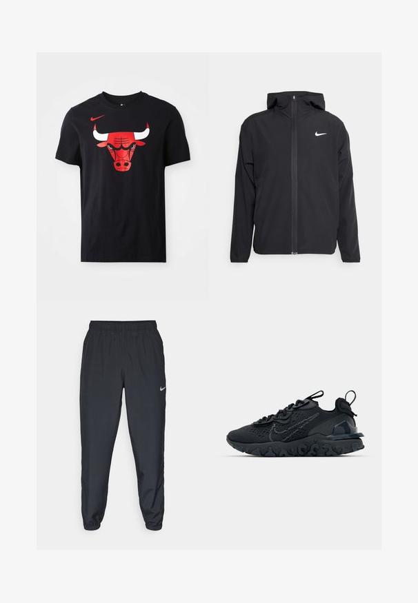 Black Nike jacket featuring a hood, full front zipper, and a subtle white logo on the left chest. Smooth texture and lightweight design.; Black cotton T-shirt featuring a prominent red and white Chicago Bulls bull logo on the front. Short sleeves and crew neck design.; Black track pants made from lightweight fabric with an elastic waistband, ankle cuffs, and a discreet Nike logo on the left side.; Black athletic shoe with a breathable mesh upper, textured accents, and a wavy rubber sole. Features reflective logo and lacing system.