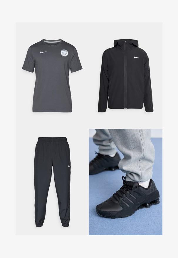 Black Nike jacket featuring a hood, full front zipper, and a subtle white logo on the left chest. Smooth texture and lightweight design.; Gray short-sleeve t-shirt made from soft fabric, featuring a round neck, a white Nike swoosh, and a circular Paris logo on the left chest.; Black track pants made from lightweight fabric with an elastic waistband, ankle cuffs, and a discreet Nike logo on the left side.; Person wearing black Nike Shox sneakers and gray sweatpants standing on light blue carpet.