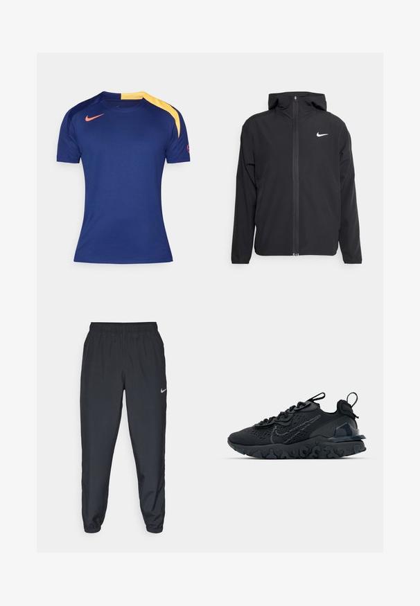Svart Nike-jacka med huva, fullständig dragkedja fram och en subtil vit logotyp på vänster bröst. Slät textur och lättvikt design.; Mörkblå sportskjorta med kort ärm, med en gul axelpanel och röd Nike swoosh på bröstet och ärmen.; Svarta träningbyxor i lätt tyg med elastisk midja, vristmanchetter och en diskret Nike-logotyp på vänster sida.; Svart idrottssko med ett andningsbart meshöverdrag, texturerade accenter och en vågig gummisula. Utrustad med reflekterande logotyp och snörsystem.