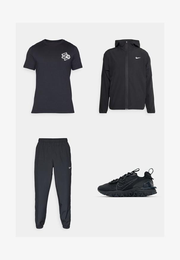Black Nike jacket featuring a hood, full front zipper, and a subtle white logo on the left chest. Smooth texture and lightweight design.; Nike Performance TEE GYM KIT SUMMIT - Print T-shirt - black; Black track pants made from lightweight fabric with an elastic waistband, ankle cuffs, and a discreet Nike logo on the left side.; Black athletic shoe with a breathable mesh upper, textured accents, and a wavy rubber sole. Features reflective logo and lacing system.