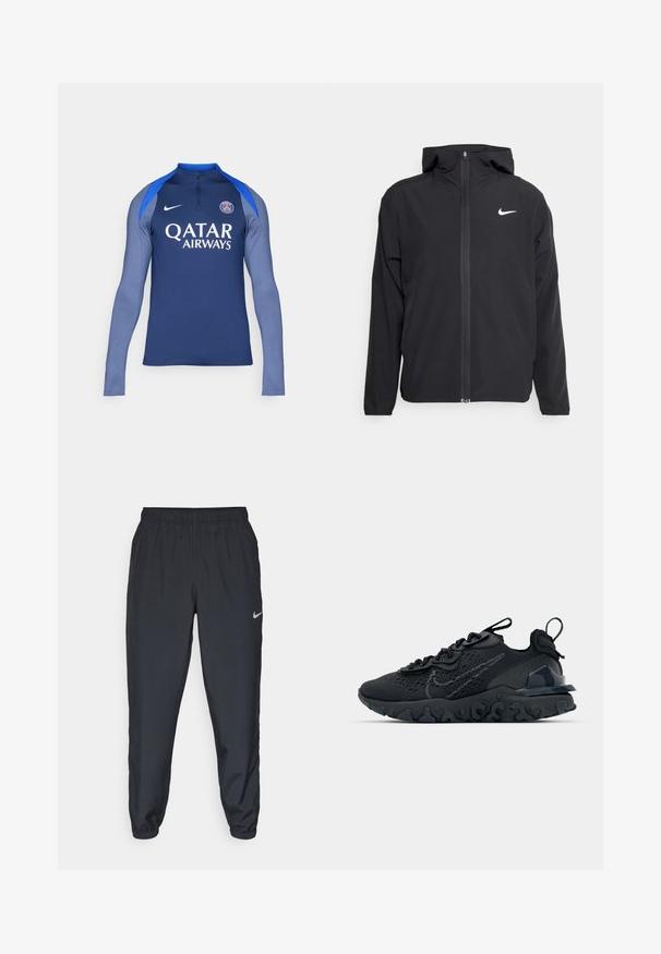 Svart Nike-jakke med hette, full frontglidelås og en subtil hvit logo på venstre bryst. Glatt tekstur og lett design.; Langermet treningsgenser i mørkeblå og lyseblå, laget av syntetisk stoff. Har en halvspenn og logo med "Qatar Airways" i hvitt.; Svarte joggebukser laget av lett stoff med elastisk midje, ankelmanchetter og en diskret Nike-logo på venstre side.; Svart treningssko med et pustende nettobert overdel, teksturerte detaljer og en bølget gummisåle. Har reflekterende logo og snøresystem.