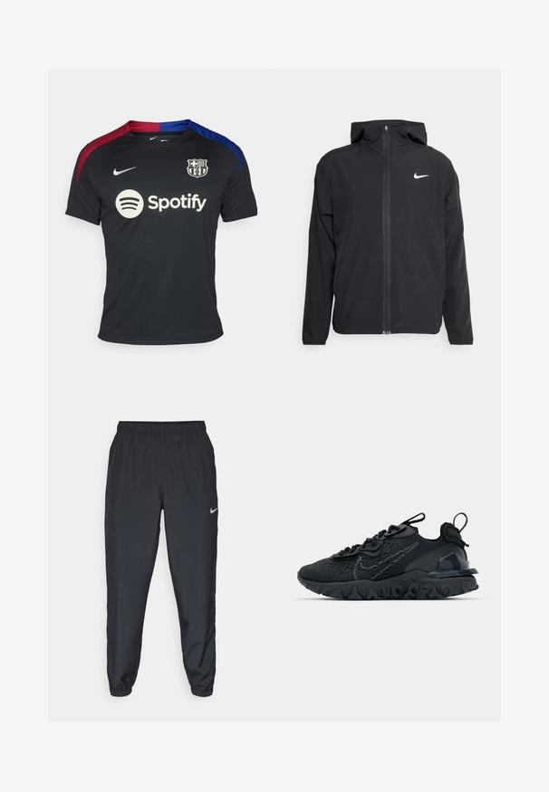 Svart Nike-jacka med huva, fullständig dragkedja fram och en subtil vit logotyp på vänster bröst. Slät textur och lättvikt design.; Svart Nike fotbollströja med röda och blå axelkuddar, rund halsringning och Spotify-logotypen centrerad på framsidan.; Svarta träningbyxor i lätt tyg med elastisk midja, vristmanchetter och en diskret Nike-logotyp på vänster sida.; Svart idrottssko med ett andningsbart meshöverdrag, texturerade accenter och en vågig gummisula. Utrustad med reflekterande logotyp och snörsystem.