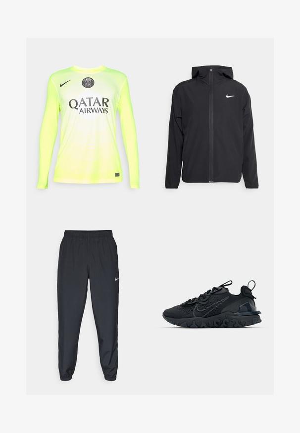 Veste Nike noire avec capuche, fermeture éclair sur toute la longueur à l'avant et un logo blanc discret sur la poitrine gauche. Texture lisse et design léger.; Maillot de football à manches longues de couleur jaune néon vif avec un motif en vagues, présentant le logo du Paris Saint-Germain et le texte QATAR AIRWAYS.; Pantalon de jogging noir en tissu léger avec une ceinture élastique, des poignets aux chevilles et un logo Nike discret sur le côté gauche.; Chaussure de sport noire avec une tige en mesh respirant, des accents texturés et une semelle en caoutchouc ondulée. Comprend un logo réfléchissant et un système de laçage.