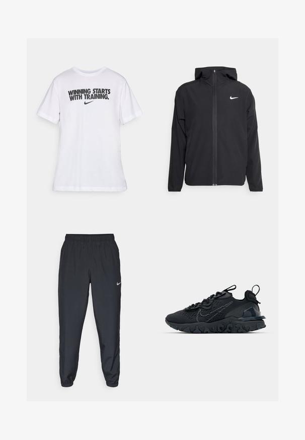 Svart Nike-jakke med hette, full frontglidelås og en subtil hvit logo på venstre bryst. Glatt tekstur og lett design.; Hvit bomull T-skjorte med svart tekst "SEIEREN STARTER MED TRENING." og en liten Nike-logo under. Rund hals og korte ermer.; Svarte joggebukser laget av lett stoff med elastisk midje, ankelmanchetter og en diskret Nike-logo på venstre side.; Svart treningssko med et pustende nettobert overdel, teksturerte detaljer og en bølget gummisåle. Har reflekterende logo og snøresystem.