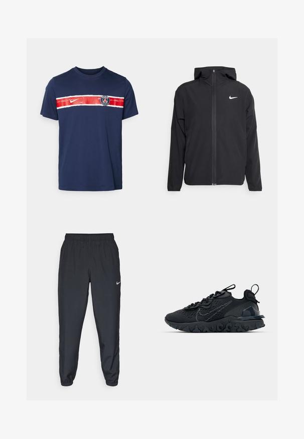 Svart Nike-jakke med hette, full frontglidelås og en subtil hvit logo på venstre bryst. Glatt tekstur og lett design.; Marineblå bomulls T-skjorte med en rød og hvit horisontal stripe over brystet, med et rundt logo og Nike-emblem på fronten.; Svarte joggebukser laget av lett stoff med elastisk midje, ankelmanchetter og en diskret Nike-logo på venstre side.; Svart treningssko med et pustende nettobert overdel, teksturerte detaljer og en bølget gummisåle. Har reflekterende logo og snøresystem.