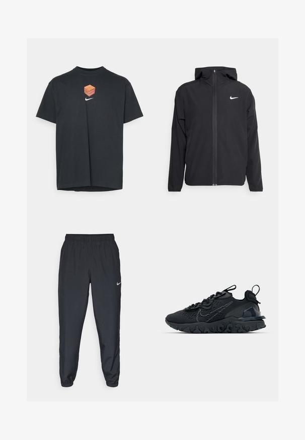 Black Nike jacket featuring a hood, full front zipper, and a subtle white logo on the left chest. Smooth texture and lightweight design.; Black cotton t-shirt with a crew neck, featuring a graphic of a cube and a swoosh logo in white and orange on the front. Short sleeves.; Black track pants made from lightweight fabric with an elastic waistband, ankle cuffs, and a discreet Nike logo on the left side.; Black athletic shoe with a breathable mesh upper, textured accents, and a wavy rubber sole. Features reflective logo and lacing system.