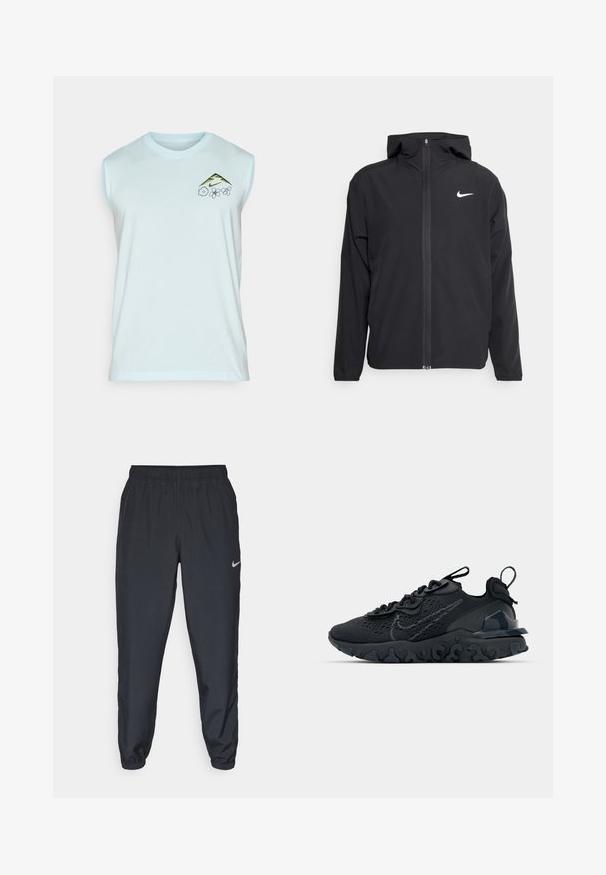 Must musta musta, täis esifrontne lukuga ja diskreetne valge logo vasakul rinnal. Sile tekstuur ja kergkaaluline disain.; Nike Performance TEE TRAIL ENERGY - Topp - glacier blue; Kerged mustad spordipüksid, mis on valmistatud kerge kangaga, elastse vöökoha, pahkluude mansettide ja diskreetse Nike logo abil vasakul külgedel.; Must mustreesne tossudega, millel on hingav võrkmaterjalist pealis, tekstureeritud detailid ja laineline kummist tallaosa. Omab peegelduvat logo ja sidumise süsteemi.