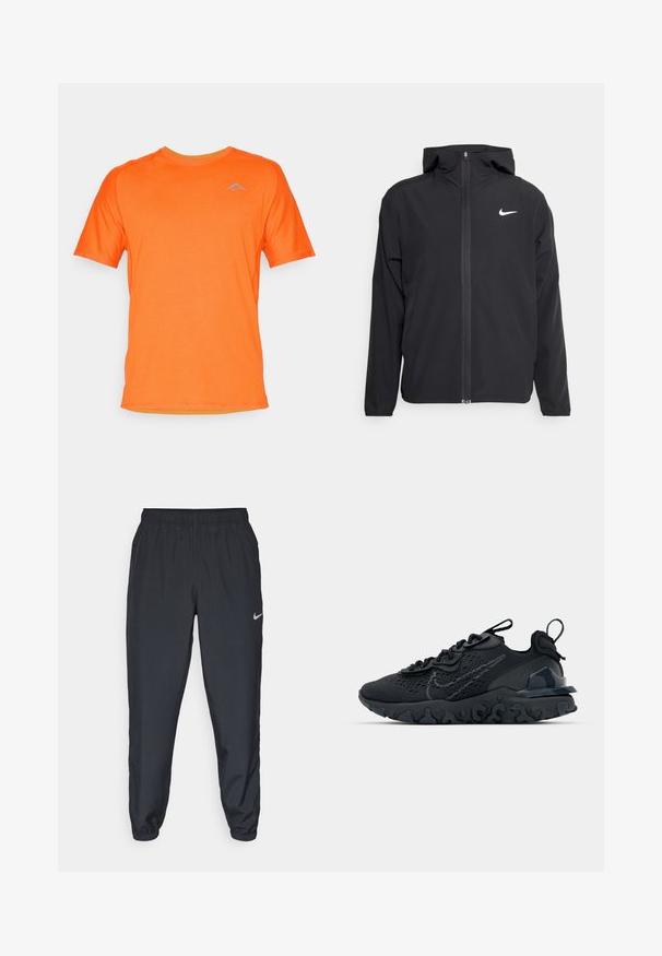 Chaqueta negra de Nike con capucha, cremallera frontal completa y un sutil logo blanco en el lado izquierdo del pecho. Textura suave y diseño ligero.; Camiseta de algodón de manga corta y cuello redondo en vibrante color naranja, con un sutil logo de montaña en azul claro en el pecho. Textura suave.; Pantalones deportivos negros hechos de tela ligera con una cinturilla elástica, puños en los tobillos y un discreto logo de Nike en el lado izquierdo.; Zapato deportivo negro con una parte superior de malla transpirable, acentos texturizados y una suela de goma ondulada. Presenta un logotipo reflectante y un sistema de cordones.