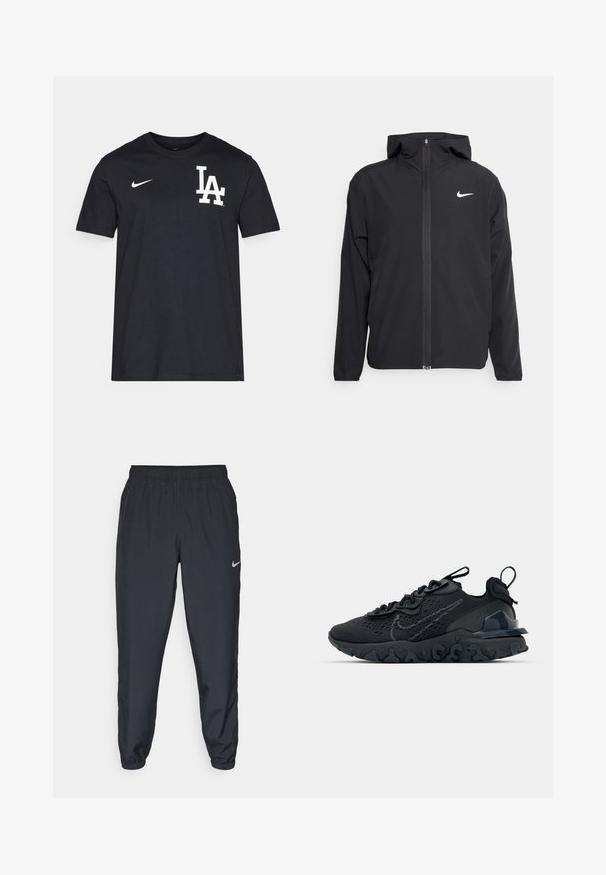 Černá bunda Nike s kapucí, plným předním zipem a decentním bílým logem na levé hrudi. Hladká textura a lehký design.; Černé bavlněné tričko s bílým logem "LA" a Nike swoosh na levé hrudi. Kulatý výstřih, krátké rukávy a rovný lem.; Černé tepláky vyrobené z lehkého materiálu s elastickým pasem, manžetami na kotnících a diskrétním logem Nike na levé straně.; Černá sportovní bota s prodyšným síťovaným svrškem, texturovanými akcenty a vlnkovou gumovou podrážkou. Obsahuje reflexní logo a systém šněrování.