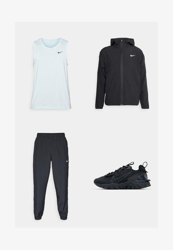 Schwarze Nike-Jacke mit Kapuze, vollem Reißverschluss vorne und einem dezenten weißen Logo auf der linken Brust. Glatte Textur und leichtes Design.; Nike Performance HYVERSE TANK - Top - glacier blue/black; Schwarze Trainingshose aus einem leichten Stoff mit elastischem Bund, Knöchelabschlüssen und einem dezenten Nike-Logo auf der linken Seite.; Schwarzer Sportschuh mit atmungsaktivem Mesh-Obermaterial, strukturierten Akzenten und einer wellenförmigen Gummisohle. Verfügt über ein reflektierendes Logo und ein Schnürsystem.