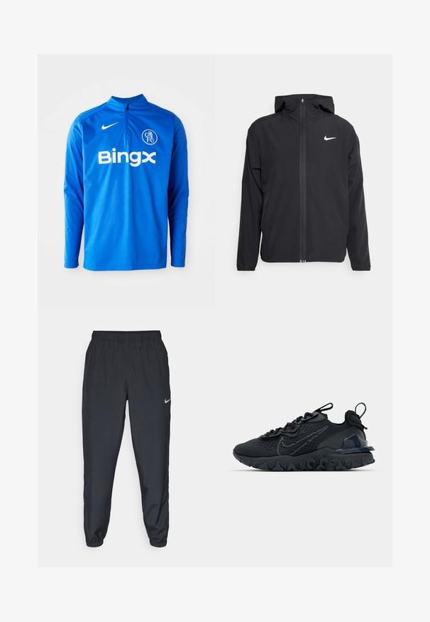 Schwarze Nike-Jacke mit Kapuze, vollem Reißverschluss vorne und einem dezenten weißen Logo auf der linken Brust. Glatte Textur und leichtes Design.; Blaues langärmeliges Sportoberteil aus leichtem Stoff. Mit einem halben Reißverschluss am Hals, Nike-Logo und "Bingx"-Branding auf der Vorderseite.; Schwarze Trainingshose aus einem leichten Stoff mit elastischem Bund, Knöchelabschlüssen und einem dezenten Nike-Logo auf der linken Seite.; Schwarzer Sportschuh mit atmungsaktivem Mesh-Obermaterial, strukturierten Akzenten und einer wellenförmigen Gummisohle. Verfügt über ein reflektierendes Logo und ein Schnürsystem.