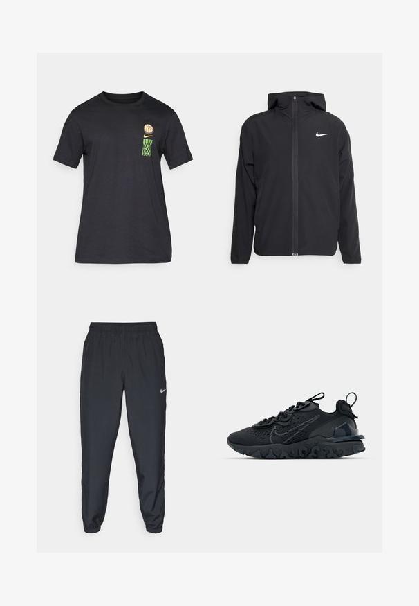 Černá bunda Nike s kapucí, plným předním zipem a decentním bílým logem na levé hrudi. Hladká textura a lehký design.; Černé tričko s krátkým rukávem se malým grafickým motivem basketbalového míče, žlutým logem Nike a zelenou basketbalovou sítí na levé horní části hrudi.; Černé tepláky vyrobené z lehkého materiálu s elastickým pasem, manžetami na kotnících a diskrétním logem Nike na levé straně.; Černá sportovní bota s prodyšným síťovaným svrškem, texturovanými akcenty a vlnkovou gumovou podrážkou. Obsahuje reflexní logo a systém šněrování.