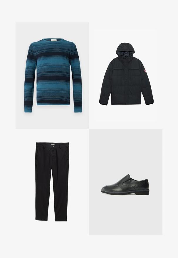 Chaqueta negra acolchada con capucha, que cuenta con dos bolsillos en el pecho con cremallera, cierre a presión y puños elásticos. Material exterior suave con acabado mate.; Suéter de manga larga a rayas azul y marino con cuello redondo, tejido texturizado y patrones de punto detallados a lo largo.; Pantalones negros hechos de una tela suave, con cierre de botón, dos bolsillos frontales y un corte entallado.; Zapato negro de cuero sin cordones con un upper suave, detalles de costura, punta redonda y un bajo tacón de goma. La suela presenta una tracción mínima.