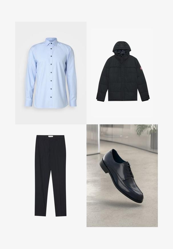 Zwarte gewatteerde jas met capuchon, voorzien van twee ritszakken op de borst, drukknopen en elastische manchetten. Glad buitenmateriaal met een matte afwerking.; OLYMP No. Six SIX SUPER SLIM - Zakelijk overhemd - bleu; Zwarte op maat gemaakte broeken met een vlakke voorkant, reguliere pasvorm, gemaakt van een gladde stof, met persplooien en zijzakken.; Glanzende zwarte leren schoenen met veters, zwevend boven een glad, lichtgrijze vloer en verticale metalen stangen op de achtergrond.