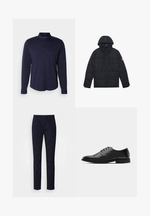 Melnas pufīgas jakas ar kapuci, kurai ir divas ar rāvējslēdzēju slēdzamas krūšu kabatas, pogu aizdare un elastīgas aproces. Gluda ārējā materiāla virsma ar matētu apdari.; Tumši zils garām piedurknēm krekls, izgatavots no mīkstas kokvilnas, ar pogājamu apkakli, priekšējo pogu aizdari un aprocēm ar diskrētu šuvumu.; Tumši zilo šaurā piegriezuma bikses ar priekšējām kroku detaļām, pogu un rāvējslēdzēja aizdari, jostas cilpiņām un taisnām kājām.; Melnas ādas vadmalas kurpes ar noapaļotu purngalu, saistījuma dizains, smalkas izšuvumu detaļas un zema papēža. Gluda tekstūra ar spīdīgu apdari.