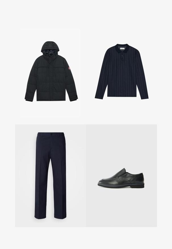 Zwarte gewatteerde jas met capuchon, voorzien van twee ritszakken op de borst, drukknopen en elastische manchetten. Glad buitenmateriaal met een matte afwerking.; Marineblauwe polo met lange mouwen en een kraag, voorzien van dunne verticale strepen en een knoopsluiting met drie knopen. Zachte stofstructuur.; Marineblauwe broek met een rechte pijp, gemaakt van gladde stof met voorplooien en een enkele knoopsluiting.; Zwarte leren instapper met een soepele bovenkant, gestikte accenten, ronde neus en een lage rubberen hak. De zool heeft minimale profiel.