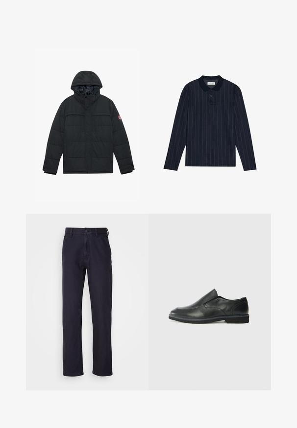 Crna podstavljena jakna s kapuljačom, koja ima dva džepa s patentnim zatvaračima na prsima, kopčanje na dugmadima i elastične rukave. Glatki vanjski materijal s mat završnom obradom.; Mornarska polo majica s dugim rukavima i ovratnikom, s tankim vertikalnim prugama i placket-om s tri gumba. Mekana tkanina.; Mornarice od chinos hlača izrađene od kombinacije pamuka, s kopčanjem na dugme, ravnim nogavicama i minimalnim detaljima za klasičan izgled.; Crne kožne cipele na sklapanje s glatkom gornjom površinom, prošivenim detaljima, zaobljenim vrhom i niskim gumene potplate. Potplat ima minimalne uzorke.