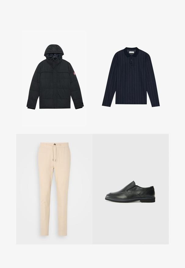 Veste rembourrée noire avec capuche, dotée de deux poches poitrine zippées, fermeture à pression et poignets élastiques. Matière extérieure lisse avec une finition mate.; Polo à manches longues bleu marine avec un col, arborant de fines rayures verticales et une patte de boutonnage à trois boutons. Texture de tissu douce.; Pantalons beige fuselés en tissu doux, dotés d'une taille élastique avec cordon de serrage et d'une poche avant. Texture lisse et design subtil.; Chaussure slip-on en cuir noir avec une tige lisse, des accents cousus, un bout arrondi et un petit talon en caoutchouc. La semelle présente un profil de traction minimal.