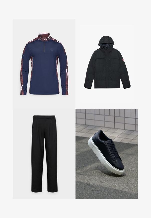 Casaco acolchoado preto com capuz, apresentando dois bolsos de peito com fecho de correr, fecho de botão e punhos elásticos. Material exterior suave com um acabamento mate.; Pullover azul-marinho de mangas longas com colarinho de fecho de quarto. Apresenta mangas em maroon estampadas com detalhes brancos e um pequeno logo no peito.; Calças pretas feitas de tecido suave, com um design de perna reta, dois pregas frontais e uma cintura padrão com passantes para cinto.; Sapatilha de couro preto com bico arredondado e sola de borracha branca. Apresenta atacadores planos e costuras mínimas na parte superior. Sola texturizada para melhor aderência.