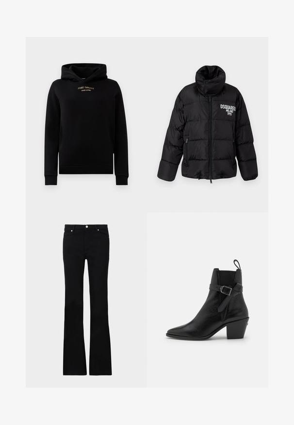 Fekete puffertakaró, magas gallérral, cipzárral, két oldalsó zsebbel és fehér "DSQUARED2 MILANO 1995" felirattal a mellkasán. Sima, fényes állagú.; Fekete kapucnis pulóver, puha anyagból készült, elülső zsebbel, bordázott mandzsettákkal és arany hímzett logóval a mellkason.; Fekete, bővülő szárú farmernadrág, két elülső zsebből áll, gombos záródással és sima textúrával rendelkezik. A varrásoknál látható a jellegzetes öltés.; Fekete bőr bokacsizma hegyes orral, tömbsarkal és oldalsó csat részlettel. Simára kidolgozott textúrával rendelkezik, és a hátulján húzófül található.