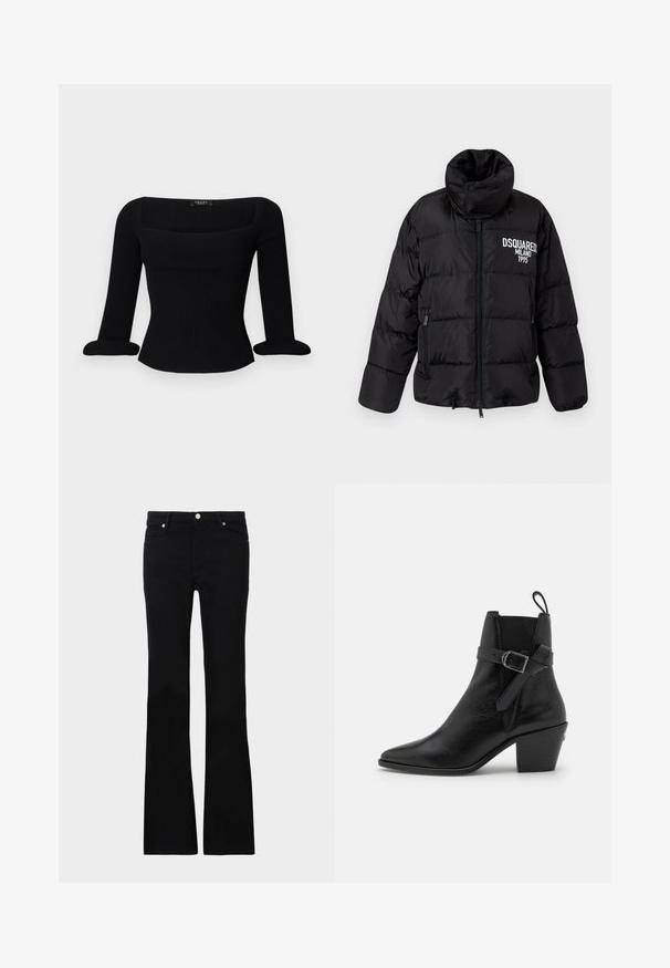 Doudoune noire avec col haut, fermeture éclair, deux poches latérales, et logo blanc "DSQUARED2 MILANO 1995" sur la poitrine. Texture lisse et brillante.; Haut à manches longues noir à côtes avec un décolleté carré et des poignets roulés. Le tissu a une texture lisse et une silhouette ajustée.; Jean évasé noir en denim, avec deux poches avant, une fermeture à bouton et une texture lisse. Couture signature visible aux coutures.; Botte de cheville en cuir noir avec bout pointu, talon bloc et détail de boucle sur le côté. Présente une texture lisse et une languette à l'arrière.