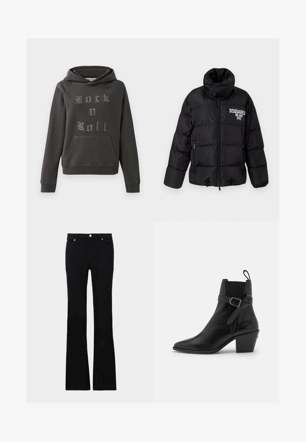 Sort pufferjakke med høj krave, lynlåslukning, to sidelommer og hvid "DSQUARED2 MILANO 1995" logo på brystet. Glat, skinnende tekstur.; Mørkegrå hættetrøje lavet af blødt materiale, med en front kangaroo lomme og udsmykket med "Rock n Roll" i tekstureret sølvskrift.; Sorte bløde jeans lavet af denim, med to frontlommer, knaplukning og en glat tekstur. Signaturstikninger synlige ved sømmene.; Sort læder ankelstøvle med spids tå, blokhæl og side spænde detaljer. Har en glat tekstur og en påtrækningsflap bagpå.