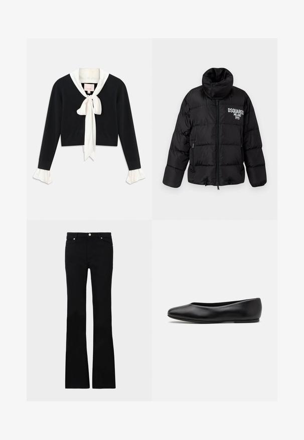 Fekete puffertakaró, magas gallérral, cipzárral, két oldalsó zsebbel és fehér "DSQUARED2 MILANO 1995" felirattal a mellkasán. Sima, fényes állagú.; Fekete, hosszú ujjú, rövidített pulóver, hozzáerősített fehér gallérral, elülső masnival és fehér fodros mandzsettákkal a ujjain.; Fekete, bővülő szárú farmernadrág, két elülső zsebből áll, gombos záródással és sima textúrával rendelkezik. A varrásoknál látható a jellegzetes öltés.; Paul Smith TOPANGA - Balerina cipők - black