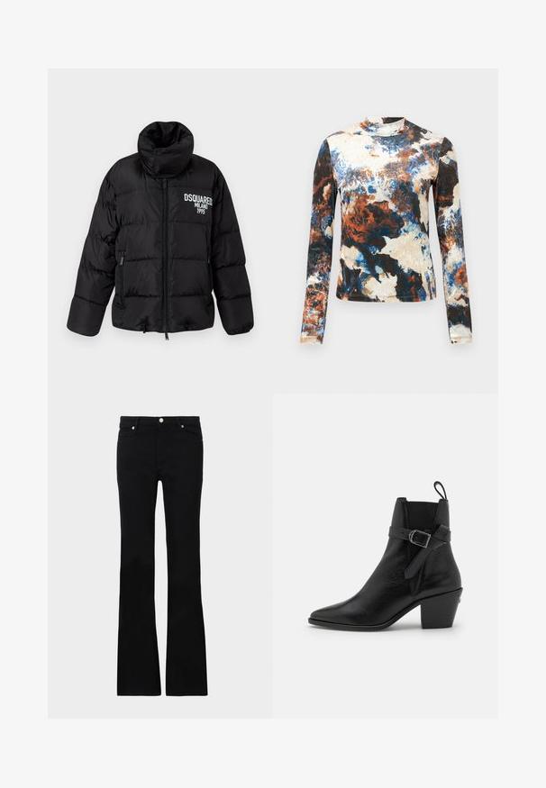 Svart puffjacka med hög krage, dragkedja, två sidofickor och vit "DSQUARED2 MILANO 1995" logotyp på bröstet. Slät, blänkt yta.; Långärmad topp i en blandning av blå, brun och krämfärgade abstrakta mönster. Mjuk tyg med en figurnära design och hög hals.; Svarta utsvängda jeans i denim, med två framfickor, knäppning och en slät textur. Signaturstickning synlig vid sömmarna.; Svart läder ankboot med spetsig tå, blockklack och sidspänne. Har en slät yta och en dragflik bak.