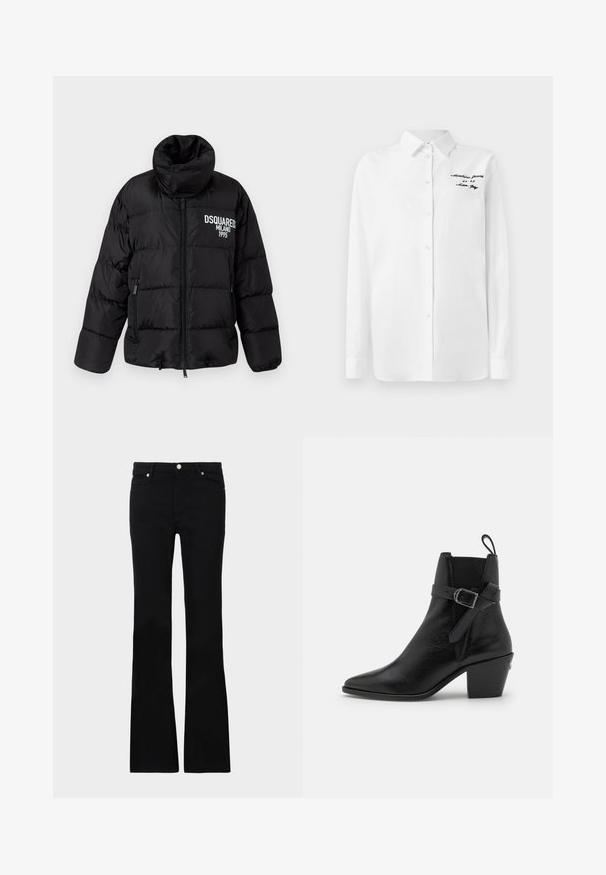 Schwarze Steppjacke mit hohem Kragen, Reißverschluss, zwei seitlichen Taschen und weißem "DSQUARED2 MILANO 1995" Logo auf der Brust. Glatte, glänzende Textur.; Weißes Langarm-Hemd mit Knöpfen und Kragen, mit schwarzem gesticktem Text "Moschino Jeans" auf der oberen linken Brust.; Schwarze, ausgestellte Jeans aus Denim, ausgestattet mit zwei Fronttaschen, einem Knopfverschluss und einer glatten Oberfläche. Signatur-Nähte an den Nähten sichtbar.; Schwarze Leder-Ankle-Boots mit spitzem Schuhzeh, Blockabsatz und seitlichem Schnallen-Detail. Verfügt über eine glatte Textur und eine Zuglasche auf der Rückseite.