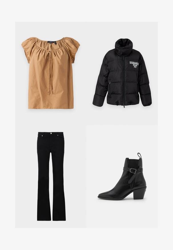 Zwarte pufferjack met hoge kraag, ritssluiting, twee zijzakken en wit "DSQUARED2 MILANO 1995" logo op de borst. Glad, glanzend materiaal.; Bruine top met korte mouwen van lichtgewicht stof. Heeft een gathered halslijn met een strikdetail. Soepele textuur met een relaxte pasvorm.; Zwarte flared jeans van denim, met twee voorzakken, een knoopsluiting en een gladde textuur. Kenmerkende stiksels zichtbaar bij de naden.; Zwarte leren enkelboots met een spitse neus, blokhak en zijgespilde detail. Beschikt over een gladde textuur en een trekriem aan de achterkant.