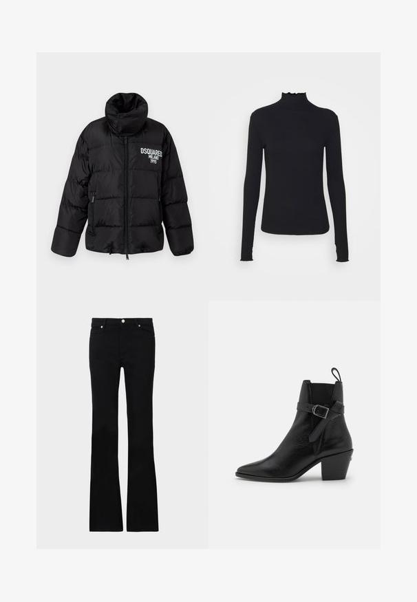Chaqueta puffer negra con cuello alto, cierre de cremallera, dos bolsillos laterales y logo blanco "DSQUARED2 MILANO 1995" en el pecho. Textura suave y brillante.; Top negro de manga larga con cuello alto, hecho de tejido suave, que presenta un cuello con volantes y una silueta ajustada con bordes simples.; Pantalones vaqueros de talle ancho en negro, confeccionados en denim, con dos bolsillos frontales, cierre de botón y una textura suave. Costuras distintivas visibles en las costuras.; Botín negro de cuero hasta el tobillo con punta afilada, tacón ancho y detalle de hebilla lateral. Presenta una textura suave y una tira en la parte trasera.