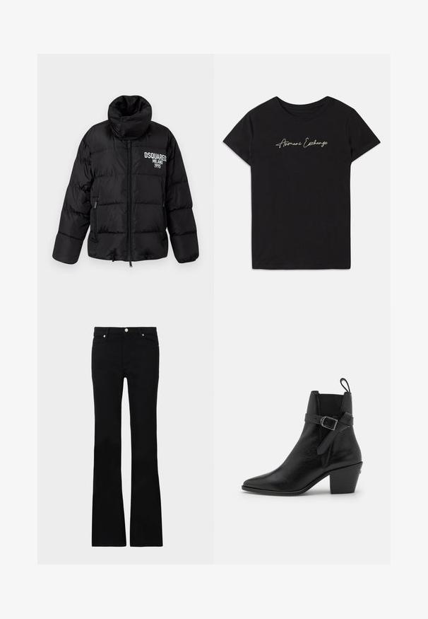 Must-haves musternus, tumed jutind, kahjur, kahe külje taskuga ja valge "DSQUARED2 MILANO 1995" logo rinnal. Sile, läikiv tekstuur.; Must have lühikeste varrukatega must puuvillane T-särk, millel on ümmargune kaelus ja mille esiküljel on valgest kirjaga "Armani Exchange".; Mustad teksased, millel on flared lõige, kaks esi-taskut, nööbiga kinnitamine ja sile tekstuur. Tootemärgistus on nähtav õmblustes.; Mustat nahast kaanetrid peenikese toe, plokknäkkega ja külgpanna detailiga. Omab siledat tekstuuri ja taga tõmbeaasat.