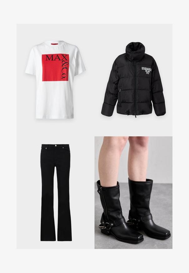 Schwarze Steppjacke mit hohem Kragen, Reißverschluss, zwei seitlichen Taschen und weißem "DSQUARED2 MILANO 1995" Logo auf der Brust. Glatte, glänzende Textur.; Weißes Baumwoll-T-Shirt mit einem markanten roten rechteckigen Grafikdesign und schwarzem Text "MAX & Co." in variierenden Größen, lockere Passform, kurze Ärmel.; Schwarze, ausgestellte Jeans aus Denim, ausgestattet mit zwei Fronttaschen, einem Knopfverschluss und einer glatten Oberfläche. Signatur-Nähte an den Nähten sichtbar.; Schwarze Lederstiefel bis zum Knie mit eckiger Zehenpartie, seitlichem Reißverschluss und verstellbarem Riemen mit einer Metallkette. Mattes Finish und robuste Sohle.