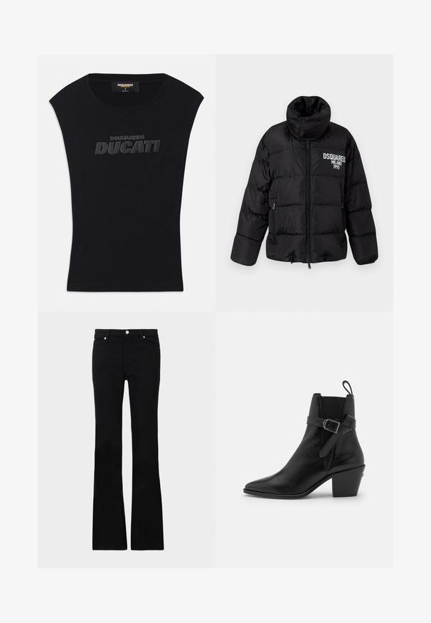 Schwarze Steppjacke mit hohem Kragen, Reißverschluss, zwei seitlichen Taschen und weißem "DSQUARED2 MILANO 1995" Logo auf der Brust. Glatte, glänzende Textur.; Schwarzes ärmelloses T-Shirt mit rundem Ausschnitt und erhabenem schwarzen "DSQUARED2 DUCATI" Logo auf der Brust, Größe S, Made in Italy Etikett im Kragen.; Schwarze, ausgestellte Jeans aus Denim, ausgestattet mit zwei Fronttaschen, einem Knopfverschluss und einer glatten Oberfläche. Signatur-Nähte an den Nähten sichtbar.; Schwarze Leder-Ankle-Boots mit spitzem Schuhzeh, Blockabsatz und seitlichem Schnallen-Detail. Verfügt über eine glatte Textur und eine Zuglasche auf der Rückseite.