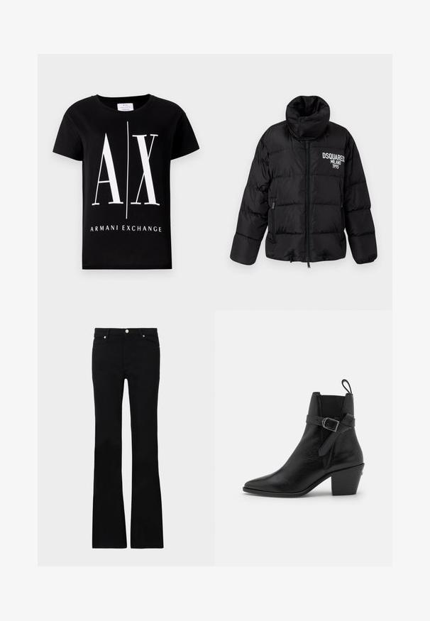Mustapuffatakki, jossa on korkea kaulus, vetoketjukiinnitys, kaksi sivutaskua ja valkoinen "DSQUARED2 MILANO 1995" -logo rinnassa. Sujuva, kiiltävä pinta.; Musta puuvillapaita, jossa on suuri valkoinen logo "AX" ja "ARMANI EXCHANGE" -teksti. Klassinen pyöreä kaula-aukko ja lyhyet hihat.; Mustat levenevät farkut, valmistettu denimi- materiaalista, varustettu kahdella etutaskulla, napin sulkimella ja sileällä pinnalla. Alussa näkyviä erityisompeleita.; Mustat nahkaiset nilkkurit, joissa on terävä kärki, lohko-osa ja sivu-klipsi. Ominaisuuksiin kuuluu sileä pinta ja vetotappi takana.