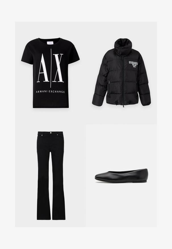 Zwarte pufferjack met hoge kraag, ritssluiting, twee zijzakken en wit "DSQUARED2 MILANO 1995" logo op de borst. Glad, glanzend materiaal.; Zwarte katoenen t-shirt met een groot wit logo "AX" en de tekst "ARMANI EXCHANGE". Klassieke ronde hals en korte mouwen.; Zwarte flared jeans van denim, met twee voorzakken, een knoopsluiting en een gladde textuur. Kenmerkende stiksels zichtbaar bij de naden.; Paul Smith TOPANGA - Ballerina's - black
