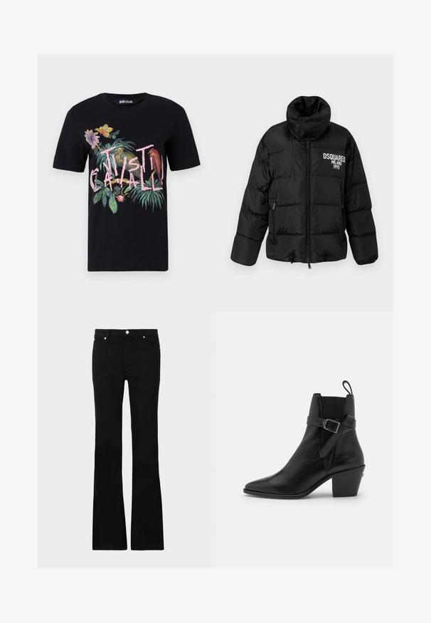 Černá péřová bunda s vysokým límcem, zipovým zapínáním, dvěma bočními kapsami a bílým logem "DSQUARED2 MILANO 1995" na hrudi. Hladká, lesklá textura.; Černé tričko s barevnou tropickou květinovou a ptáčí grafikou; text "JUST CAVALLI" v růžové barvě, kulatý výstřih, krátké rukávy.; Černé zvonové džíny vyrobené z denimu, s dvěma předními kapsami, zapínáním na knoflík a hladkou strukturou. Na švech je viditelné charakteristické prošívání.; Černá kožená kotníková bota s špičatou špicí, blokovým podpatkem a postranním detailem na přezku. Má hladkou texturu a poutko vzadu.