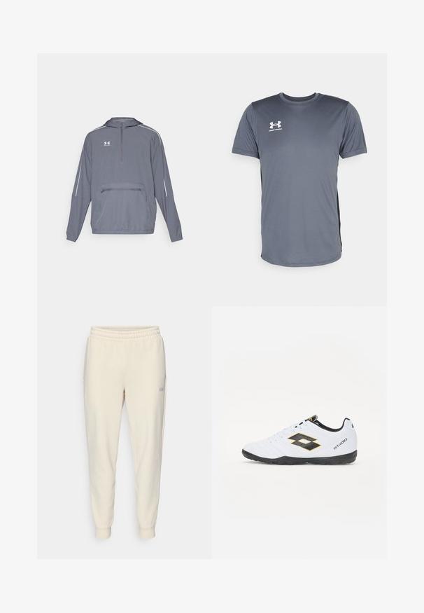 Γκρι ελαφρύ μπουφάν με κουκούλα και μπροστινή μισή φερμουάρ, ελαστική περίμετρο και μπροστινή τσέπη με φερμουάρ. Διαθέτει λευκές διακοσμητικές γραμμές στα μανίκια.; Γκρι αθλητικό μπλουζάκι με κοντά μανίκια. Διαθέτει στρογγυλή λαιμόκοψη και λευκό λογότυπο της Under Armour στο μπροστινό αριστερό μέρος του στήθους. Λείος υφασμάτινος περίπατος.; Ανοιχτό μπεζ παντελόνι φόρμας με κορδόνι, διαθέτει ελαστική μέση, μανσέτες στους αστραγάλους, πλαϊνές τσέπες και ένα μικρό λογότυπο στο αριστερό μηρό.; Λευκά αθλητικά παπούτσια με μαύρες και κίτρινες λεπτομέρειες, με υφή στην επάνω επιφάνεια, στρογγυλή μύτη και μαύρη καουτσούκ σόλα. Ο σχεδιασμός περιλαμβάνει λεπτομέρεια λογότυπου στο πλάι.