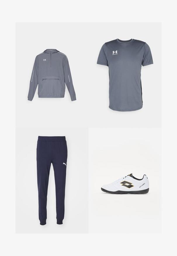 Pelēks viegls kapuce ar pus-izsistām priekšpusē, elastīgu apakšmalu un priekšējo kabatu ar rāvējslēdzēju. Tam ir baltas akcentu līnijas uz piedurknēm.; Pelēks sporta T-krekls ar īsām piedurknēm. Tam ir apaļa kakla izgriezne un balts Under Armour logo kreisajā krūšu pusē. Gluda tekstūra.; Tums ziloņu sporta bikses ar elastīgu jostu, sašaurinātiem svārkiem un baltu Puma logotipu kreisajā augšstilbā. Gluda, maiga auduma tekstūra.; Baltas sporta apavus ar melniem un dzelteniem akcentiem, ar teksturētu virsmu, apaļu purngalu un melnu gumijas zoli. Dizainā ir iekļauts logo elements sānos.