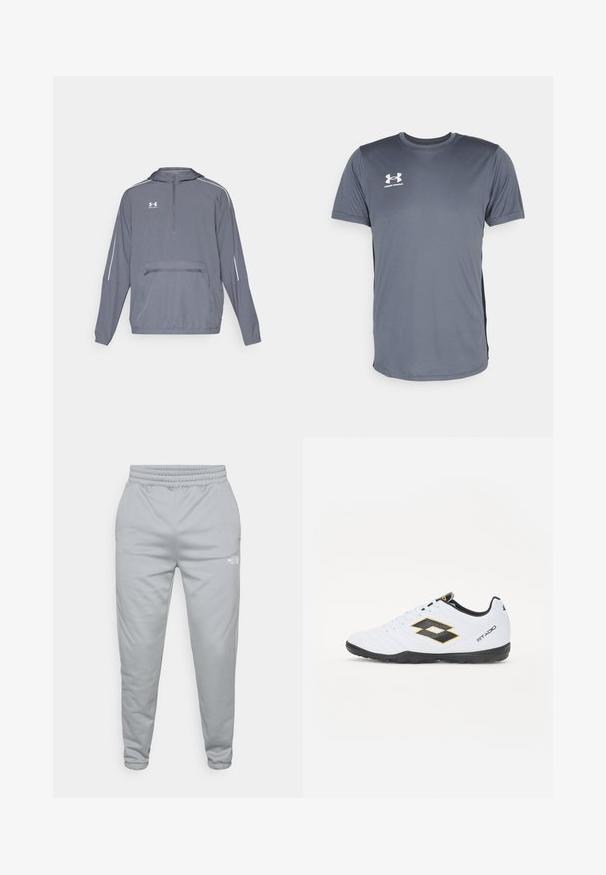 Graue, leichte Kapuzenjacke mit halbem Zipper an der Vorderseite, elastischem Saum und einer vorderen Reißverschlusstasche. Mit weißen Akzentlinien an den Ärmeln.; Graues Sport-T-Shirt mit kurzen Ärmeln. Verfügt über einen runden Halsausschnitt und ein weißes Under Armour-Logo auf der linken Brust. Glatte Textur.; Hellgraue Jogginghose mit elastischem Bund und Bündchen an den Knöcheln. Sie verfügt über ein kleines weißes Logo an der Unterseite. Strukturierter Stoff.; Weiße Sportschuhe mit schwarzen und gelben Akzenten, ausgestattet mit einem strukturierten Obermaterial, runder Schuhspitze und einer schwarzen Gummisohle. Das Design beinhaltet ein Logodetail an der Seite.