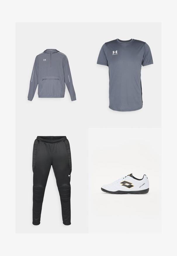 Svetlosivá ľahká bunda s kapucňou a polovičným zipsom vpredu, elastickým lemom a predným vreckom na zips. Obsahuje biele akcentačné pruhy na rukávoch.; Sivý športový tričko s krátkymi rukávmi. Disponuje okrúhlym výstrihom a bielym logom Under Armour na prednej ľavej hrudi. Hladká textúra.; Čierne športové nohavice s vypchatými kolennými panelmi, zoštíhleným strihom, elastickým pásom a logom Puma na dolnej ľavej nohe. Hladká textúra.; Biele športové topánky s čiernymi a žltými akcentmi, s textúrovaným zvrškom, okrúhlou špičkou a čiernou gumovou podrážkou. Dizajn obsahuje logo detail na boku.