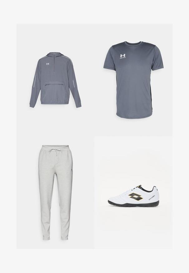 Chaqueta ligera gris con capucha, cierre de media cremallera en la parte delantera, dobladillo elástico y bolsillo frontal con cremallera. Presenta líneas de acento blancas en las mangas.; Camiseta deportiva gris de manga corta. Presenta un cuello redondo y un logo blanco de Under Armour en el pecho izquierdo. Textura suave.; Joggers gris claro hechos de una tela suave, con una cinturilla elástica y cordón, bolsillos laterales y patas entalladas.; Zapatillas deportivas blancas con acentos en negro y amarillo, que cuentan con un upper texturizado, punta redonda y suela de goma negra. El diseño incluye un detalle de logo en el lateral.